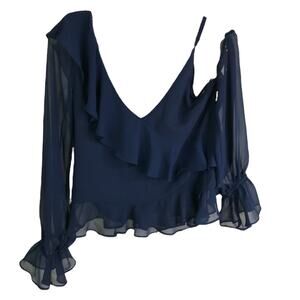 Harper Blouse Womens Sz S Navy Blue Off The Shoulder Ruffle Sheer Sleeves V-Neck